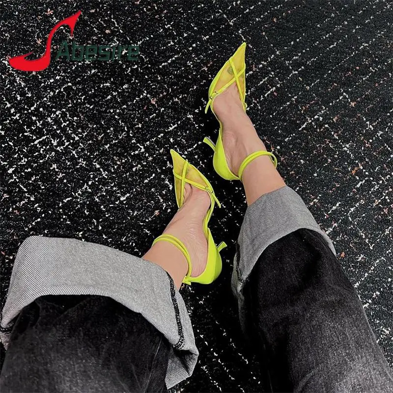 

Mesh Pointed Toe High Heel Sandals Sexy Hollow Belt Buckle Ankle Strap Stiletto Heels Summer Fashion Women Pumps Wedding Shoes