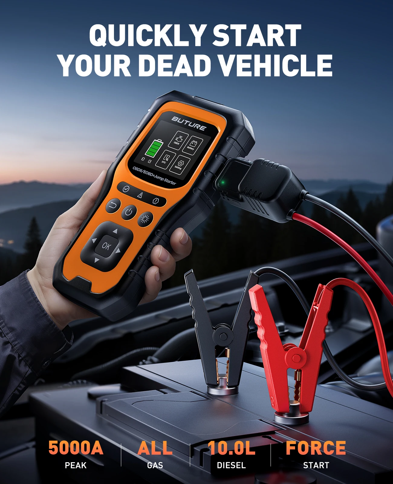 Фото Автомобильный стартер BUTURE 5000A с полной диагностикой OBD, пусковое устройство 16800 мАч, уличные фонари для кемпинга, аварийные усилители №1