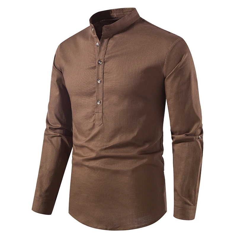 New Causal Shirt Men Cotton Linen Long Sleeve Stand Collar Slim Mens Shirt Breathable Business Vintage Top Solid Shirts Men