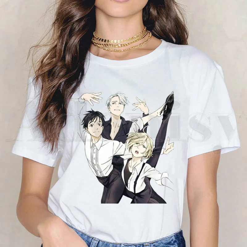 

Популярная японская аниме Yuri on Ice BL Yaoi, женские топы с коротким рукавом, футболки, винтажные рубашки в стиле Харадзюку, женская футболка