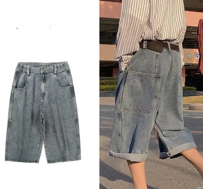 Summer Denim Shorts Men's High Street Jeans Wide Leg Calf-Length Pants Big Pocket Casual Straight Jeans