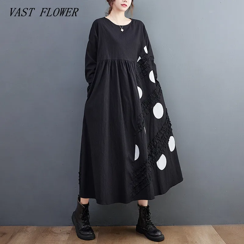 long sleeve oversized cotton vintage Polka Dot dresses for women casual loose spring autumn dress elegant clothing 2022