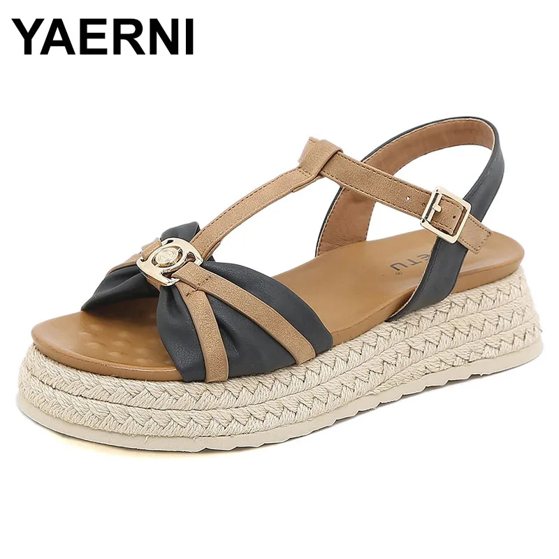 

Summer Buckle Strap Platform Thick-Soled Student Women Wedges Sandals Shoes New Denim Woven Espadrilles Wedge Sandals For Woman