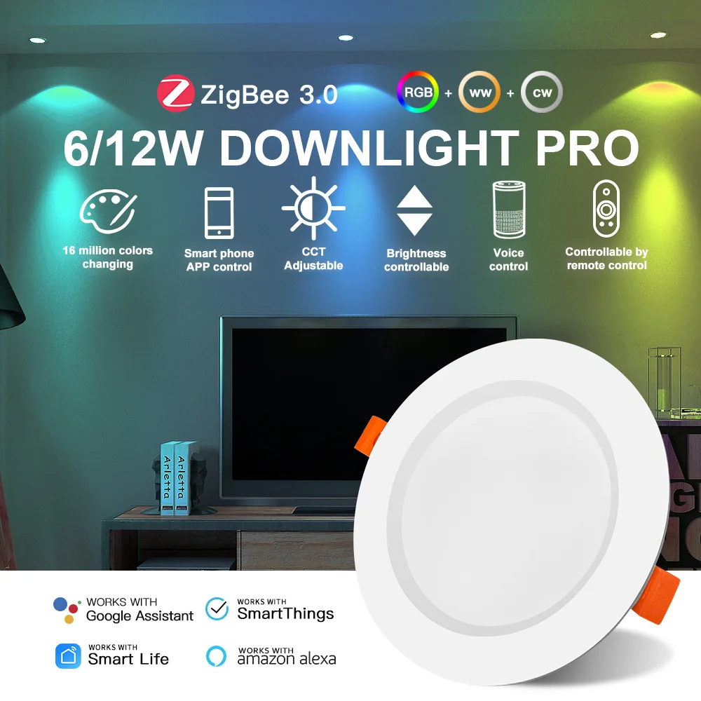

Smart LED Downlight Tuya Zigbee RGB+CCT Dimmable Spot LED Lights Kitchen Ceiling Lamp 6W 12W Work With Alexa Google Home