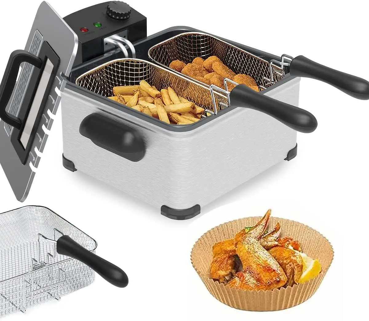 

5 Liters/20 Cups Deep Fryer with 3 Frying Basket, Adjustable Temperature, Lid with View Window, Polished Stainless Steel with 1
