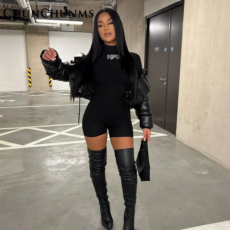 Black Letter Printed Embroidery Long Sleeve Tight Shorts Jumpsuit Women Sport Jogger Romper Street Playsuit One Piece Pant 2023