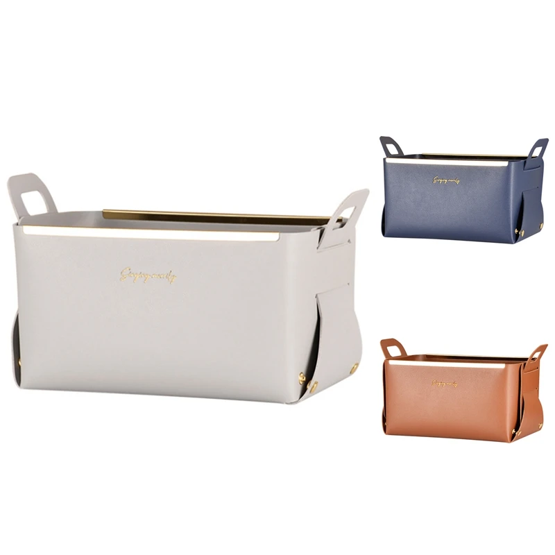 

Leather Small Basket Storage Bin - Sturdy Storage Baskets With Handles, Gift Bins, Foldable Shelf Organizer-FS-PHFU
