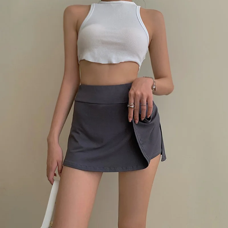 

HOUZHOU Tennis Mini Skirt Women Sexy Slim Side Slit High Waist Solid Cute Outdoor Golf Skirt Shorts Summer Casual Sports Skort
