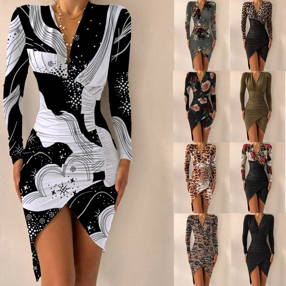 

2021 new autumn winter long sleeve V-neck printed tight split dress women's wear