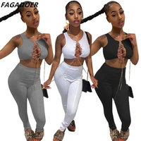 fagadoer sexy bandage hollow out top legging pants tracksuit women solid lace up sleeveless two piece sets casual 2pcs outfits