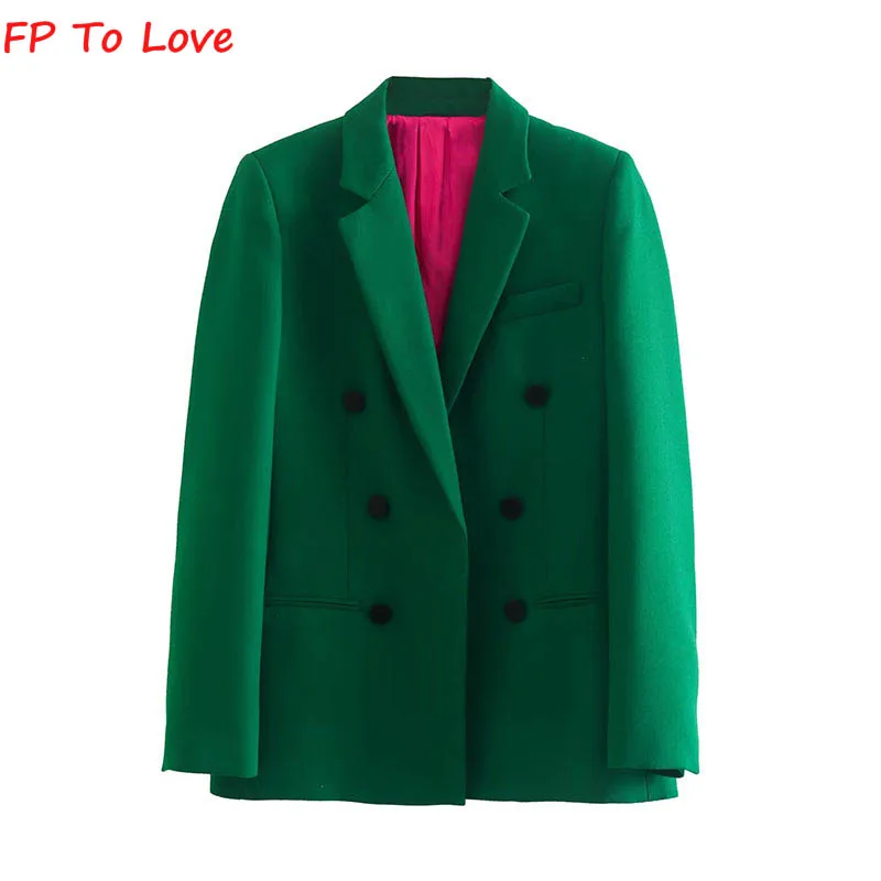 

PF To Love Woman Green Casual Double Breasted Blazer Long Sleeve Simple Office Outerwear Women Chic Tops