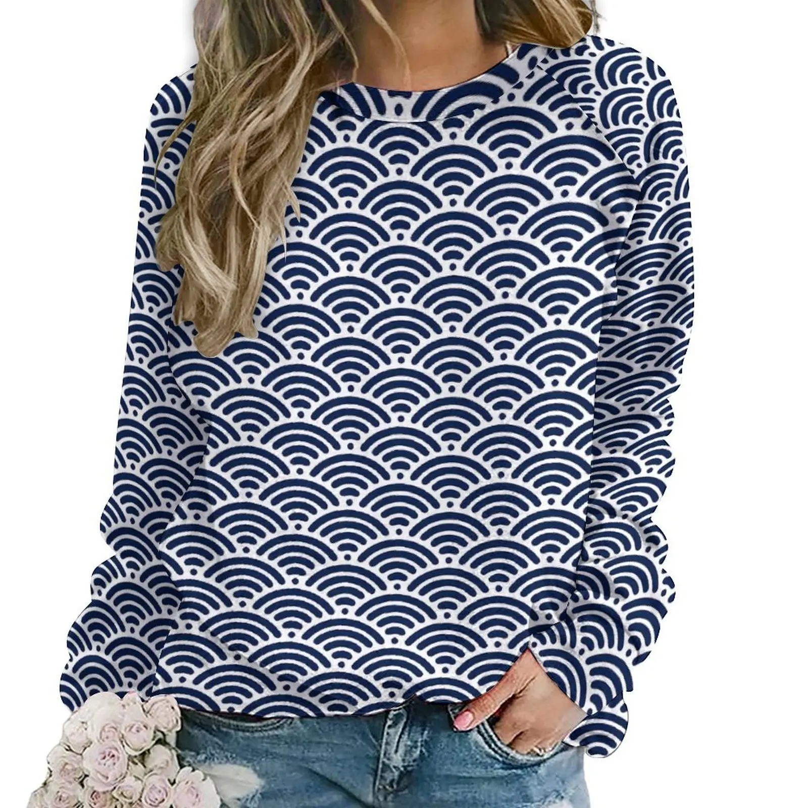 

Blue Wave Hoodies Cool Coastal Street Wear Oversized Hoodie Women Long-Sleeve Kawaii Custom Casual Tops