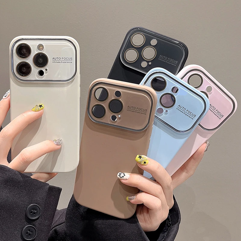 

Luxury Large Window Lens Film Camera Protector Liquid Silicone Case For iPhone 14 13 12 Pro Max Matte Skin Feel Shockproof Cover