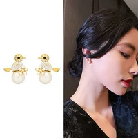 2022 new cute bird stud earrings for women rhinestone pearl earring girls party engagement temperament jewelry