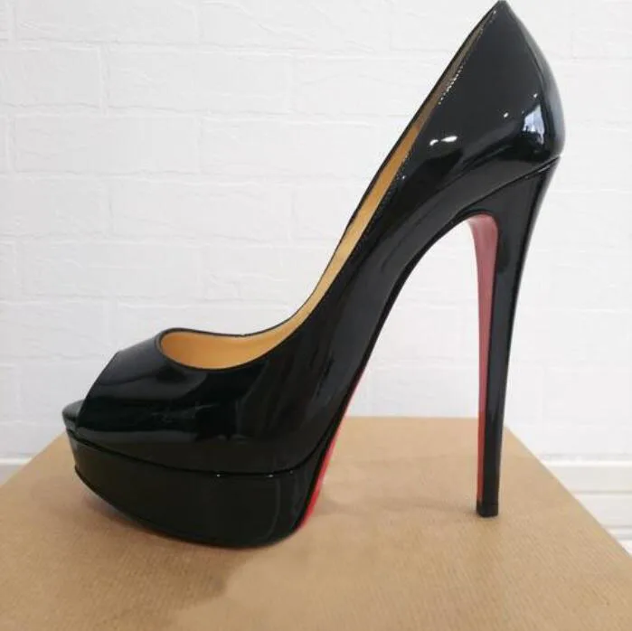 

Brand Women Pumps Peep Toes High Heel Shoes Classics Red Logo Bottoms Sexy 14cm Black Nude Patent Leather Sandals Big Size 45