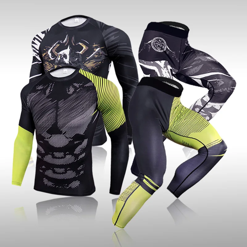 

Men's Thermal Underwear Running Sports Suit MMA Rash Guard Male Quick Drying Sportswear Compression Clothing Fitness Training