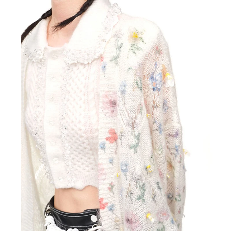 

Women Sequin Embellished Floral Print Patchwork Loose Mohair Cardigan Knit Top 2023 Autumn Winter New In Niche Design