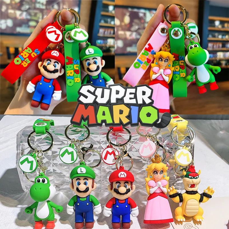 

Super Mario Bros Keychains Anime Figure Key Chains Cute Luigi Yoshi Peach Donkey Kong Mushroom Keychain Accessories Kids Toys