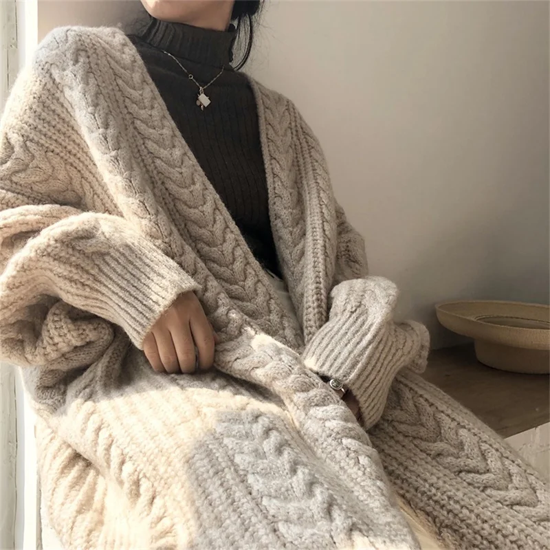 

2022 Autumn Winter Retro Elegant Cardigans Women Thick Loose Twist Linen Flower Color Midi Knitted Cardigan Sweater Women's Coat
