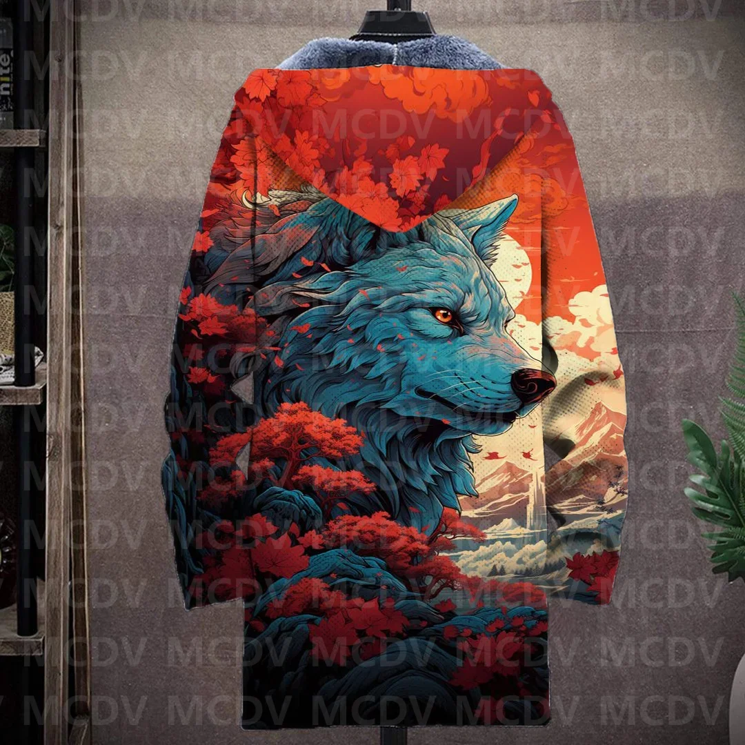 Мужская Флисовая Куртка с капюшоном и принтом волка длинным рукавом