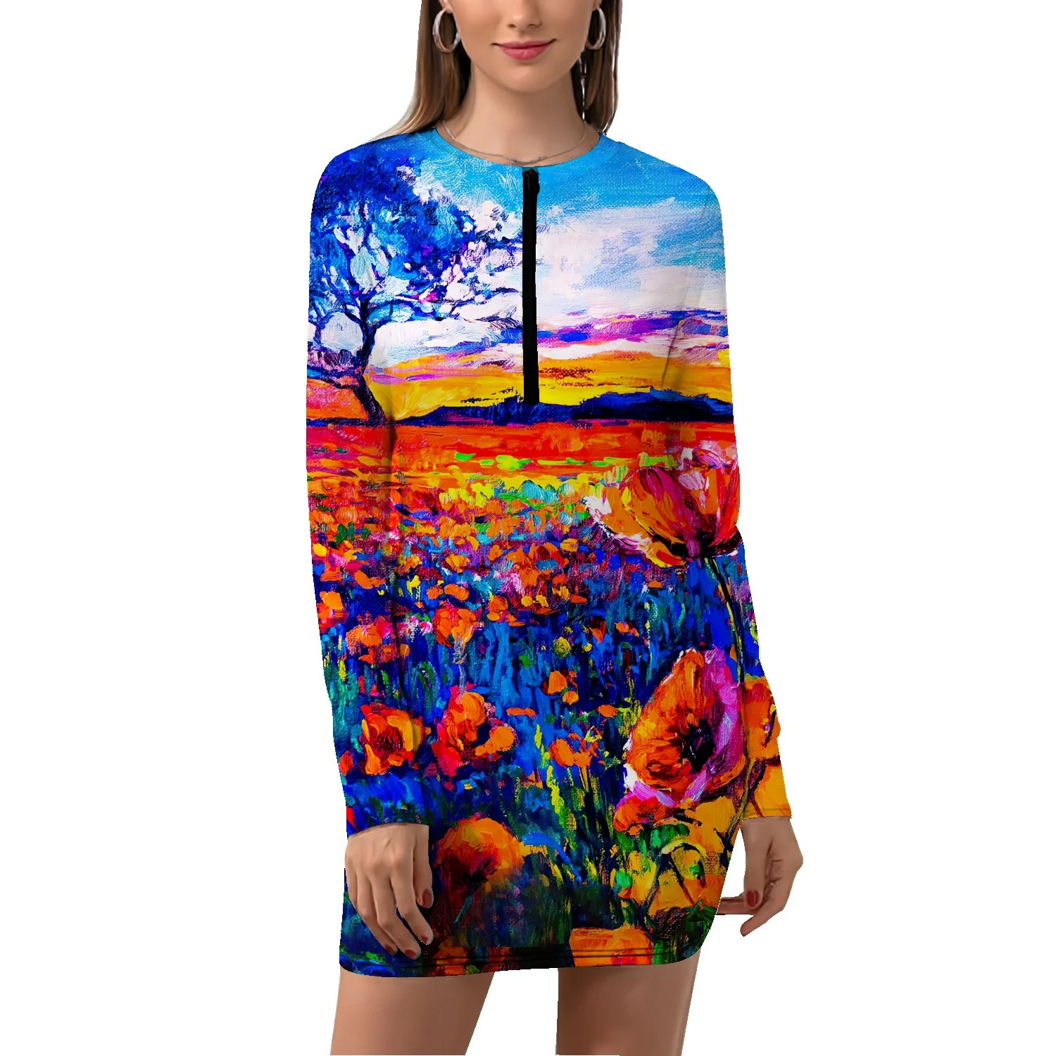 

Платье-футболка на молнии с длинным рукавом, облегающее эластичное хлопковое короткое платье с 3D принтом подсолнуха и цветов, весна