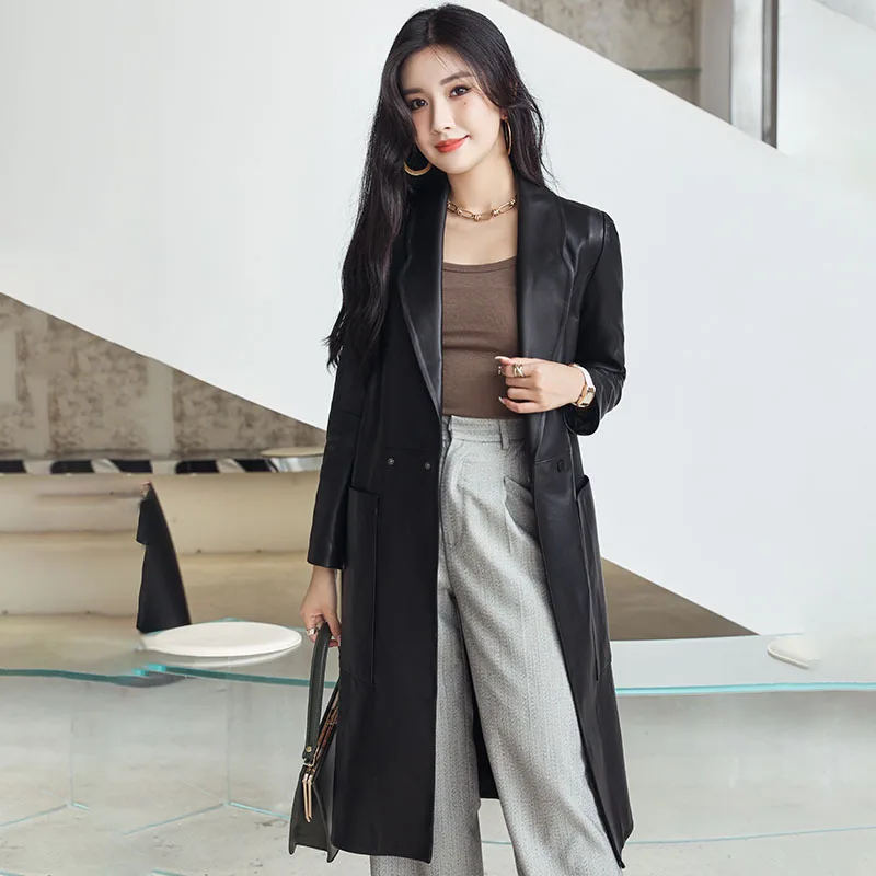 

2023Spring, Autumn, Winter Leisure Sheepskin Windbreaker Coat Slim Fit and Simple Genuine Leather Coat Women's Mid length Suit