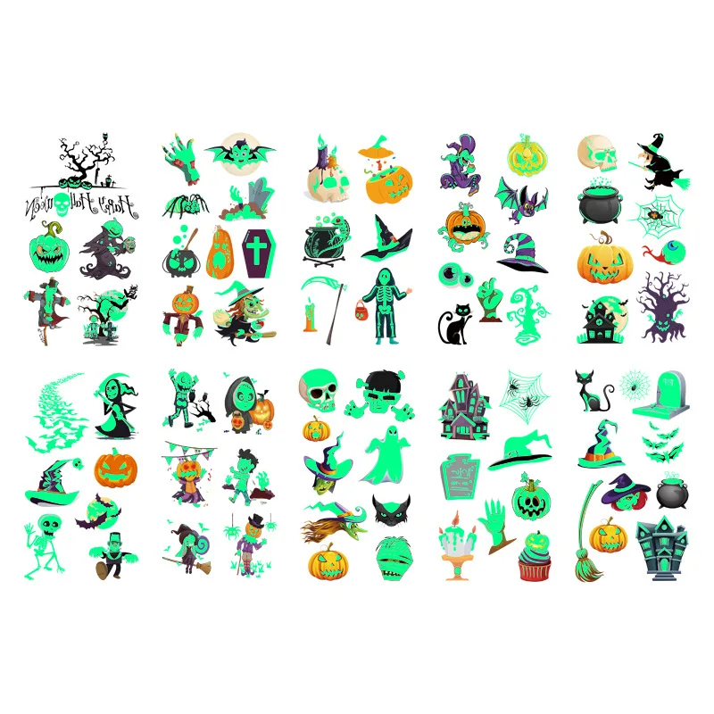 

10pcs Halloween Luminous Tattoo Paste Children's Cartoon Skull Temporary Tattoo Paste Neck Wrist Arm Leg Foot Tattoo Sticker