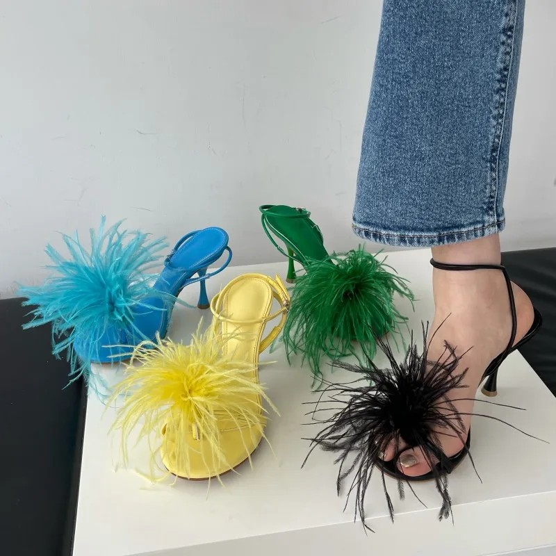 

Fashion Ostrich Feather Sandals Women Buckle Strap Open Toe Thin High Heel Clip Toe Shoes 2022 New Arrivals Big Size 35-41