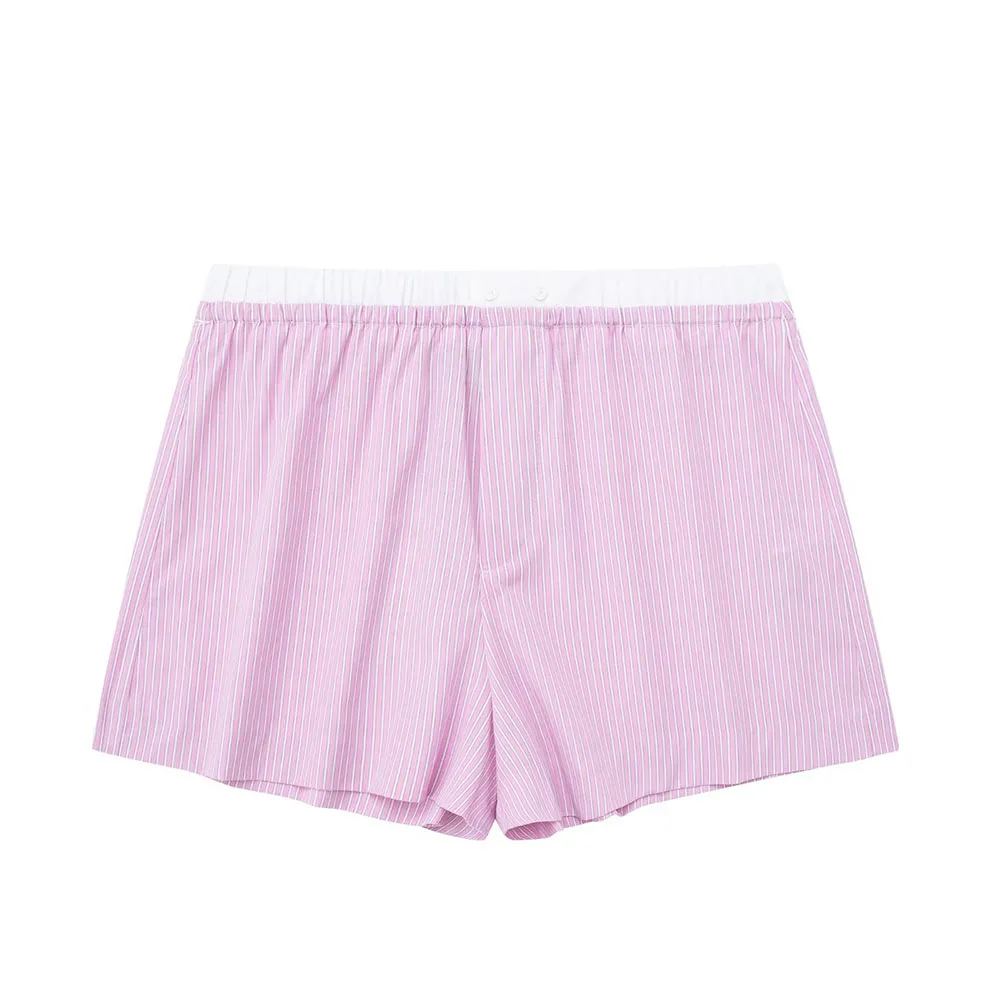 TRAF Women Fashion with Contrast Striped Shorts Vintage Mid Elastic Waist with Button Female Short Pants Mujer Casual Clothes