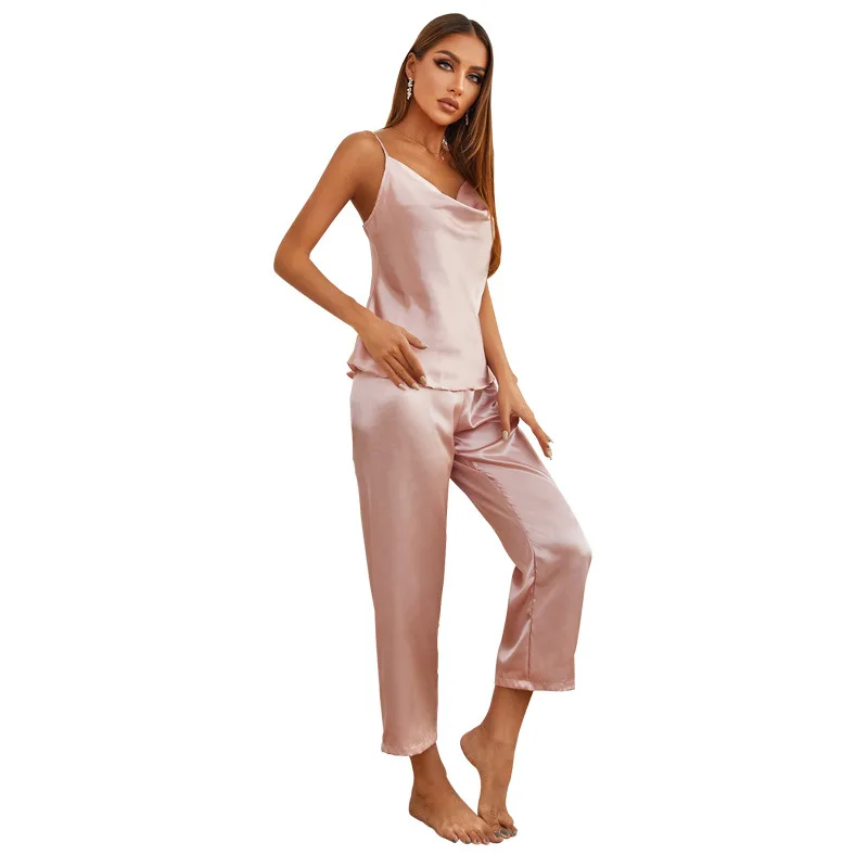 Women's Pajamas Solid Color Suspender Trousers Pyjamas Thin Loose Comfortable Loungewear Sexy Lingerie 2-piece Set Sleepwear
