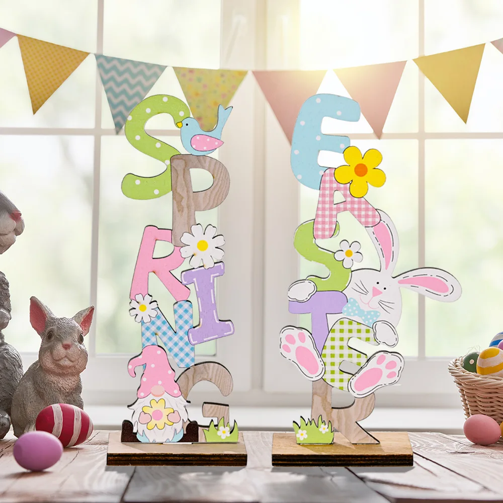 

2023 Spring Easter Wooden Letter Ornaments DIY Bunny Vertical Ornaments Happy Easter Day Party Decor Rabbit Home Desktop Decor