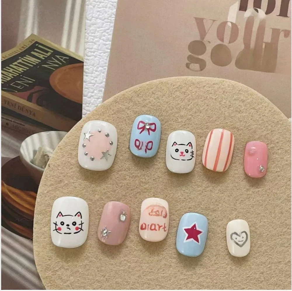 

MINISO 10 шт. Kawaii 3D мультфильм Sanrio Pochacco Kuromi накладные ногти короткие квадратные круглые