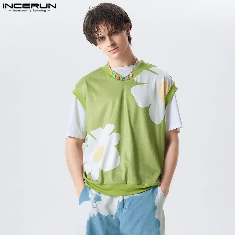 

Handsome Well Fitting Tops INCERUN New Men's Funny Flower Pattern Printed Tank Tops Casual Male Hot Selling Knitted Vests S-5XL