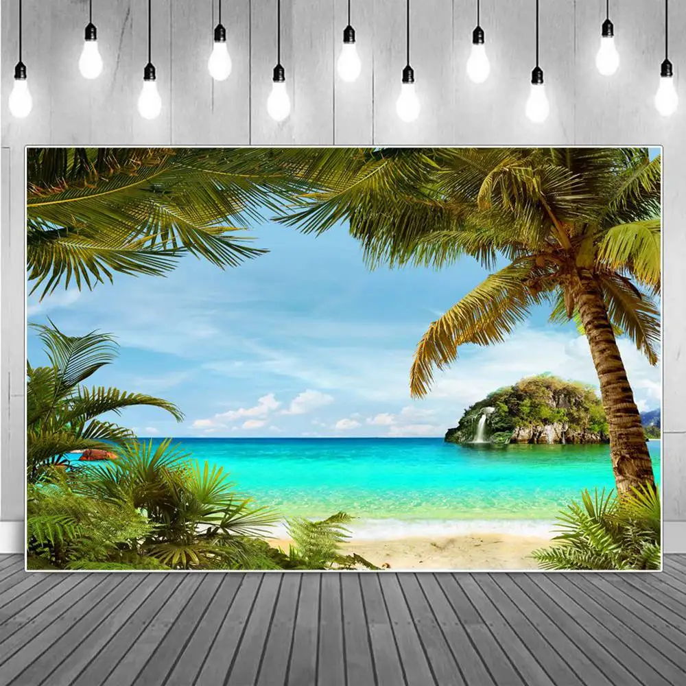 

Tropical Island Sea Palms Beach Scenic Photography Backdrops Clouds Seaside Holiday Summer Party Decoration Photo Backgrounds