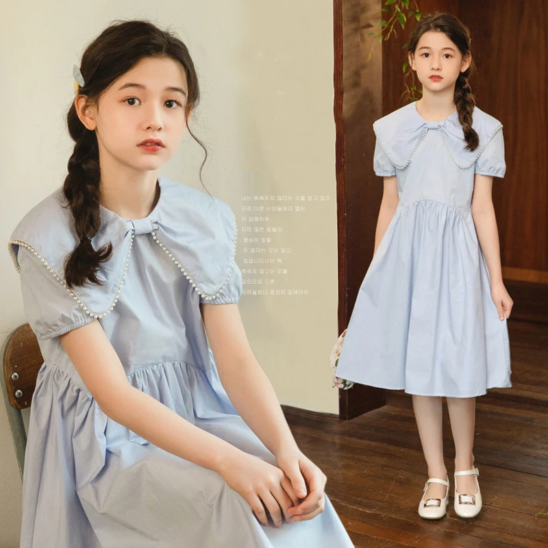 

Teen Girl Dress Elegant Blue Pearl Bowtie Collar Kids Dresses for Girls Summer Princess Dress Children Clothing 6 8 10 12 14 16