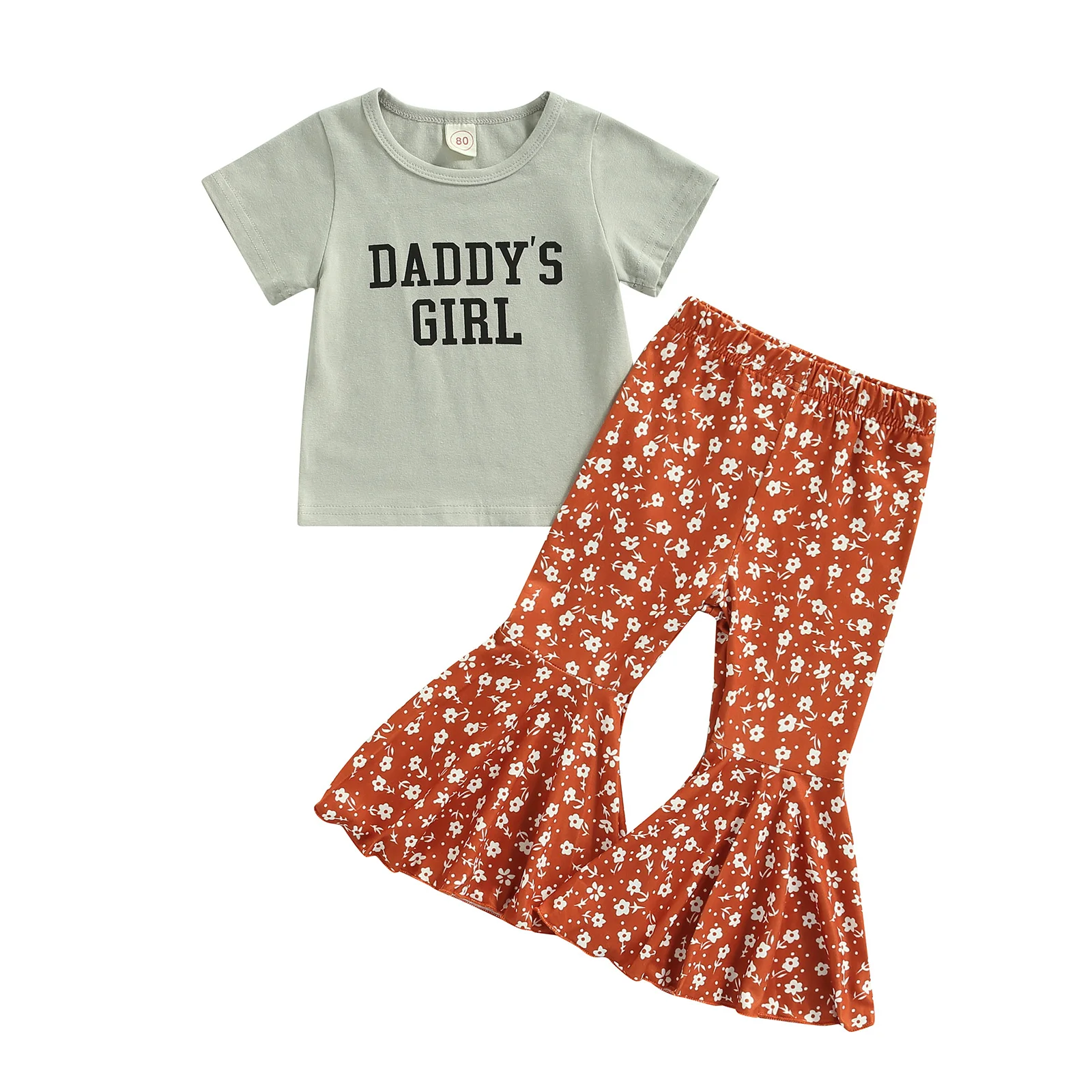 

Комплект из 2-х предметов для маленьких девочек, футболка с коротким рукавом и круглым вырезом и штаны с цветочным принтом, на возраст 0-5 лет, ...