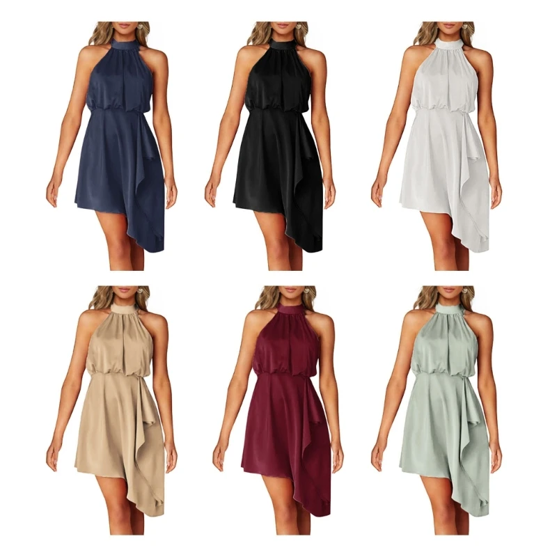 

2023 New Womens Summer Satin Tie Back Halter Neck Asymmetrical Hem Ruffle Short Dress Solid Color High Waist Cocktail Dresses
