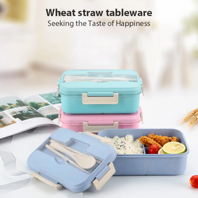 

Ланч-бокс для микроволновой печи с ложкой, палочки для еды, посуда из пшеничной соломы, детский контейнер для еды, для школы и офиса, Bento