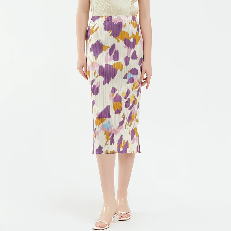 Niche printed pleated skirt women's 2022 new high-waisted slim drape A-line slim mid-length skirt summer