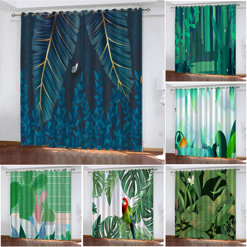 

Window Curtain Left and Right Biparting Open Flat Window Curtains Green Plants Printed Blackout Curtain Living Room Curtains