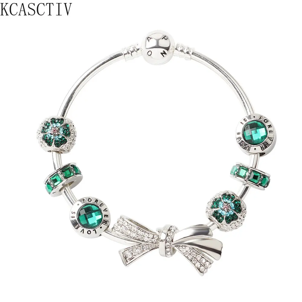 Wholesale New Diamond Bow Luxury Bracelet Green Beaded Snake Bone Women Charm Pandora Bracelet