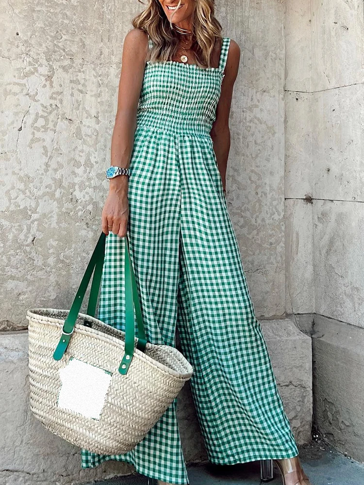 

Summer Playful Plaid Printed Women Romper 2022 Sleeveless Square Collar Office Jumpsuit Streetwear New Casual Backless Overall