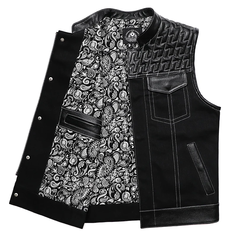 SOA Club Style Motorcycle Real Leather Vest Men Cowhide Denim Patchwork Waistcoat Sons of Anarchy Biker Vests DS MC Man Sleevele |