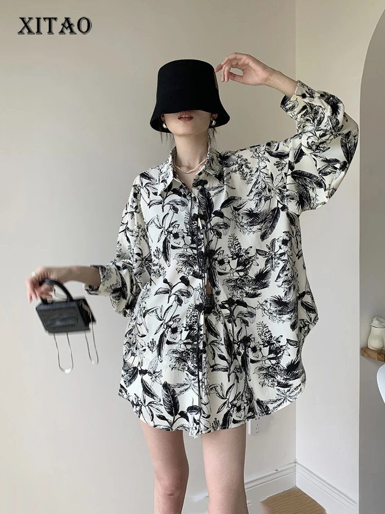 

Женский винтажный комплект из двух предметов XITAO, Свободный Топ с длинным рукавом, рубашка с пряжкой, наборы коротких штанов, ZRQ1036