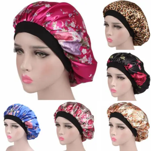 

Women Silk Night Sleep Cap Hat Hair Treatment Hat Head Cover Satin Turban Wrap Band Elastic Long Hair Care Wide Band Bonnet