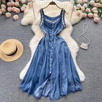 embroidered v neck sleeveless denim dress for women summer chic single breasted long dress lady streetwear camis vestidos