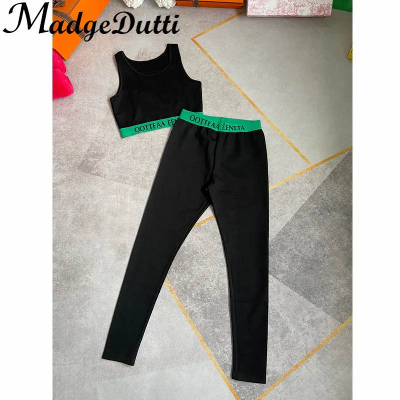 

11.11 MagdaDutti Casual Sports Set 2 Piece Letter Pullover Crop Tank Top + Elastic Waist Slim Leggings Women
