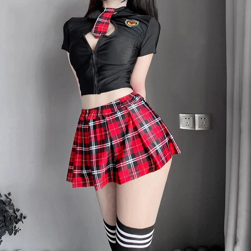 

Tartan Patchwork Japanese Schoolgirl Cosplay Uniform Set Sexy JK Embroidery Pleated Role Playing Costume With Plaid Skirt Suit