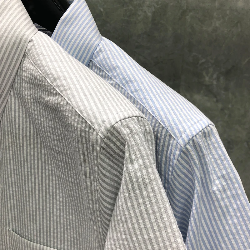TB THOM Men's Dress Shirt Slim Fit Ultra Wrinkle Free Flex Collar Stretch Clothes Fashion Brand Stripe Summer Short Sleeves