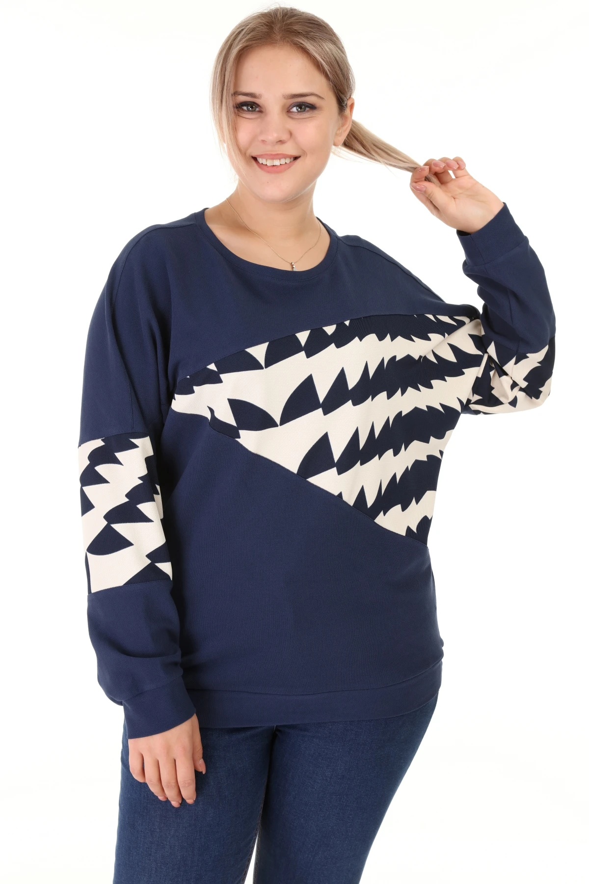 

Schk Women Large Size Long Sleeve Garnili Blouse Navy Blue 2321